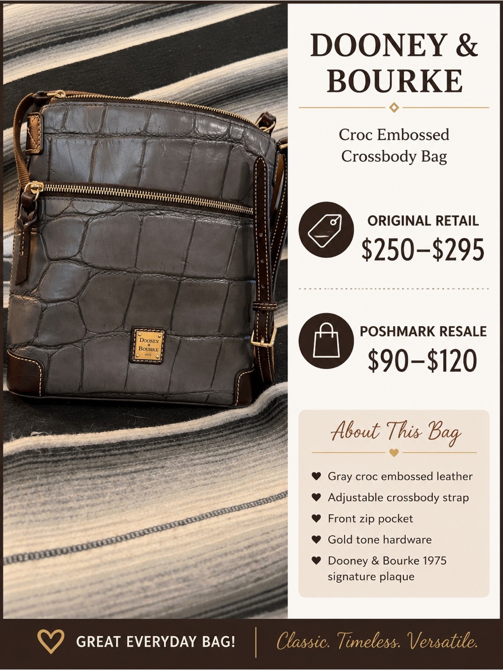 Dooney & Bourke Gray Croc-Embossed Crossbody with Gold Hardware